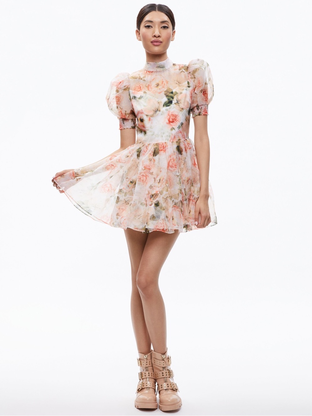 Alice + Olivia Peach Floral Puff-Sleeve Mini Dress - Picture 6 of 7
